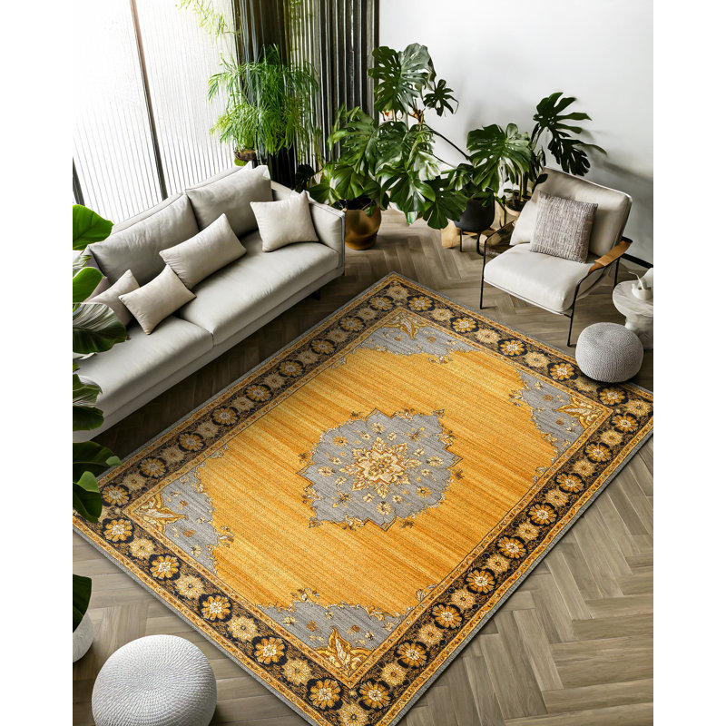 Girvin Yellow Gray Oriental Machine Printed Cotton Polyester Area Rug, Square 4'