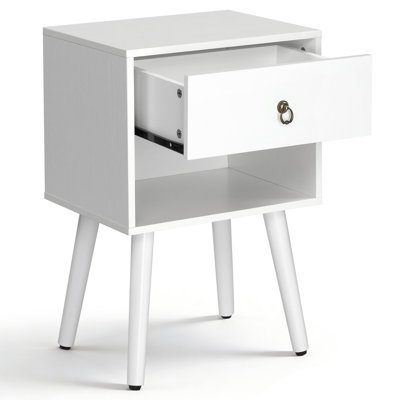 15.0" White & Oak Nightstand, P2 Particleboard & Solid Legs, Matte Melamine, Ring Handle, 1 Drawer