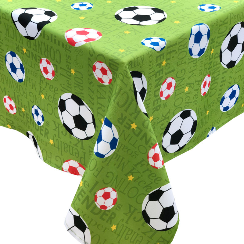 Passion For Soccer Collection 60"X90" Printed Tablecloth With Table Weight Set (Colourful Balls), Green/Red/Blue