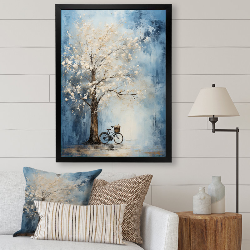 " Indigo Intrigue White Tree ", Black Picture Framed, 44" H x 34" W x 1.5" D