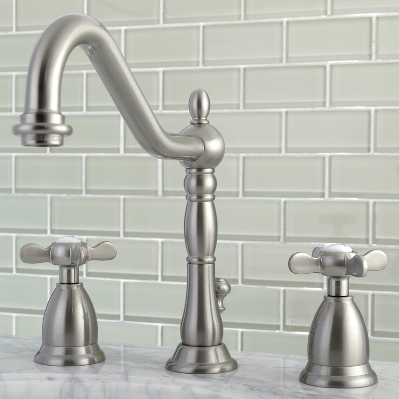 Kingston Brass Essex Two-Handle 3-Hole Deck Mount Widespread Bathroom Faucet with Brass Pop-Up Drain, Brushed Nickel