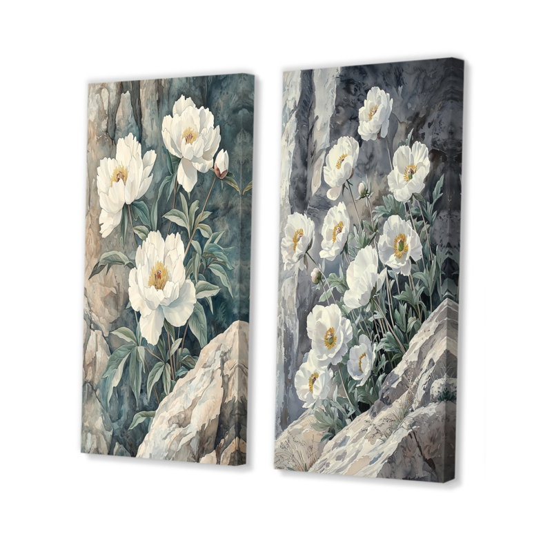 Pivoines monochromes au bord de la falaise I - collection d'art mural floral 2 pièces, H 40 po x l 41 po, Toile tendue