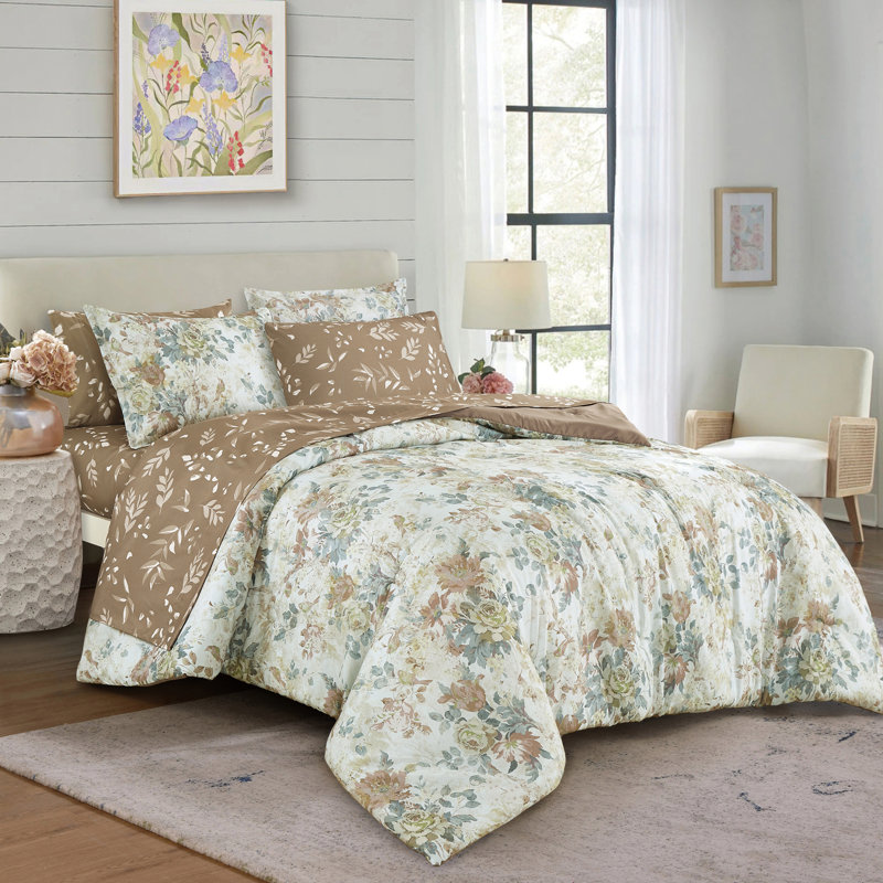 Ensemble d'édredon Floral Bed In A Bag, Édredon simple TG et 4 pièces supplémentaires, Taupe/sauge