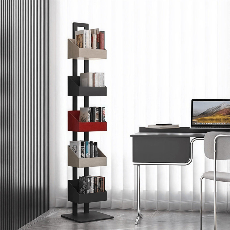 Bibliothèque à 6 niveaux à blocs de couleurs, tour à livres verticale mince avec bacs ouverts inclinés, bibliothèque étroite autoportante pour petits espaces