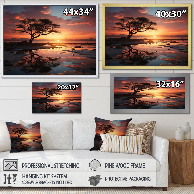 Coucher de soleil harmonie en Afrique - art mural sur toile Sunset, H 16 po x l 32 po x P 1 po, Cadre flottant noir