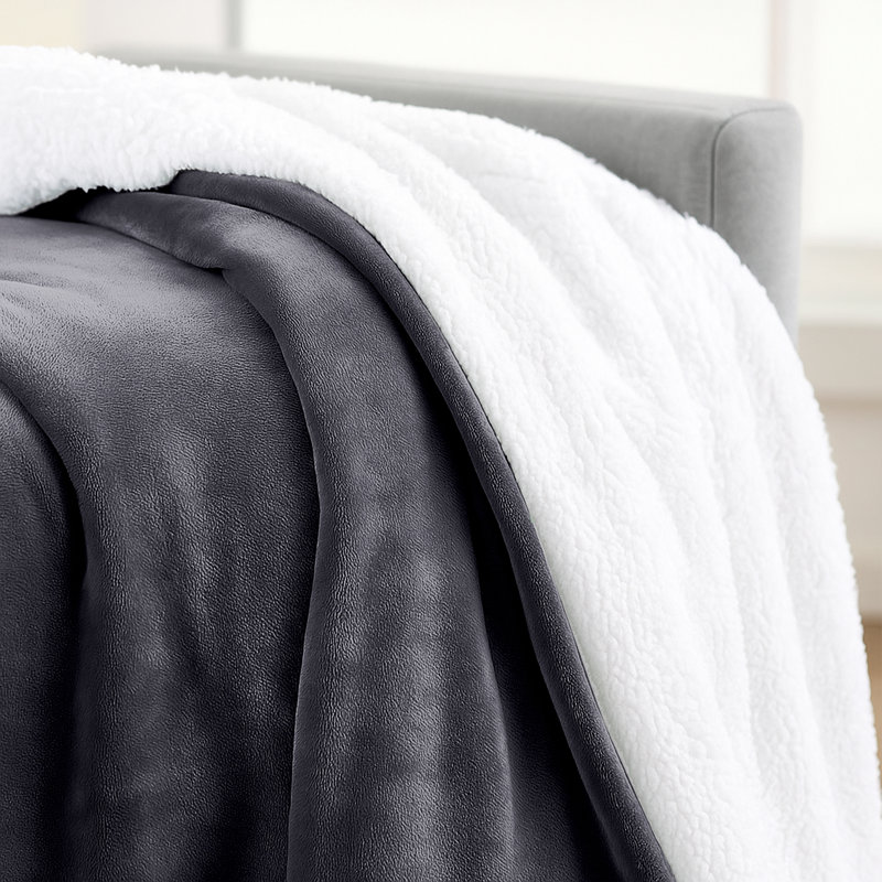 Sherpa Fleece Fur Thick Reversible Blanket Throw, Grey, 130cm x 150cm