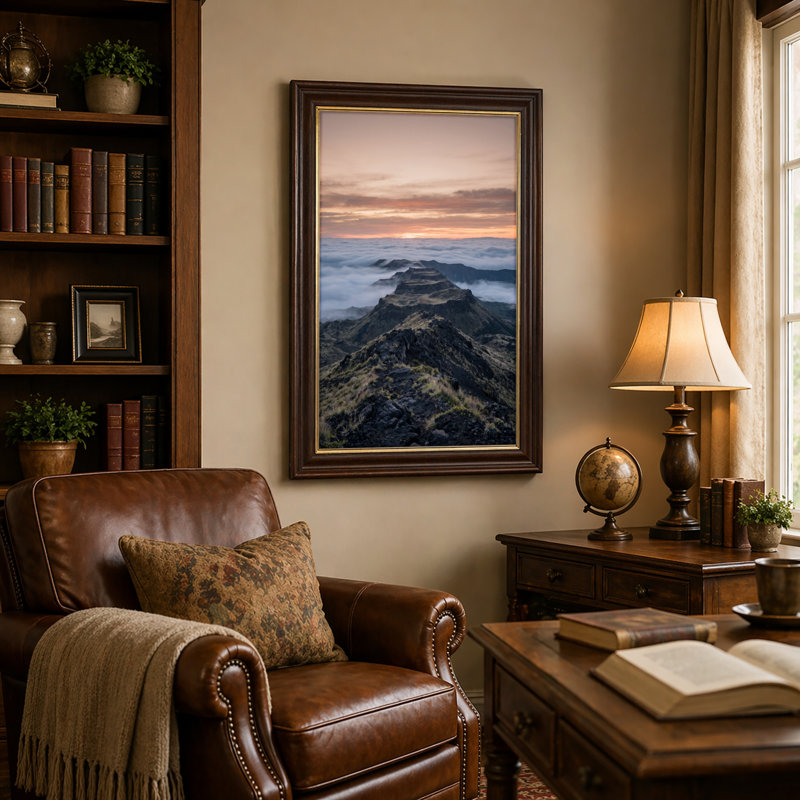 Art mural antique sur toile encadré doré pour le salon, la chambre à coucher, le bureau ou le vestibule - Décoration murale décorative avec ciel de montagne