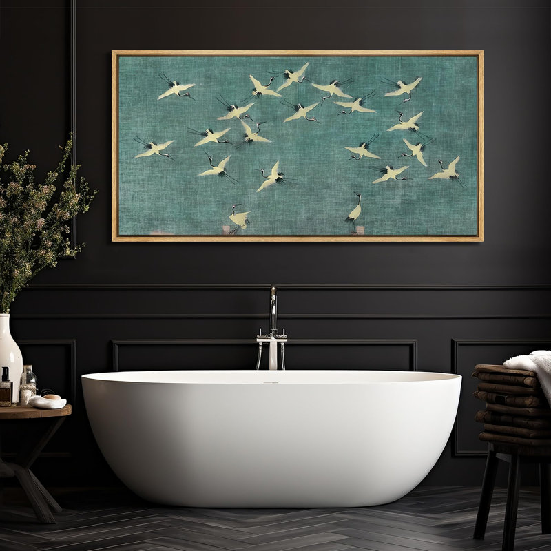Serene Sky Cranes In Flight On Teal Rustic Artwork Extra Large Pictures Framed Canvas Print Wall Art, 30" H x 60" W, Natural