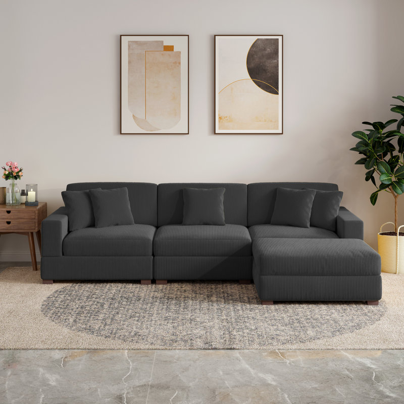 4 - Piece Upholstered Gray Corduroy Modular Sectional Sofa with Pillow Back and Removable Ottoman, Gray Corduroy