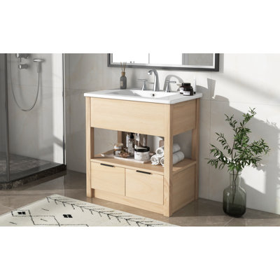 Meuble-lavabo naturel de 30 po avec comptoir d'évier, tablette de rangement ouverte et deux tiroirs, ensemble tout-en-un (ancien SKU: Wf311619aad)