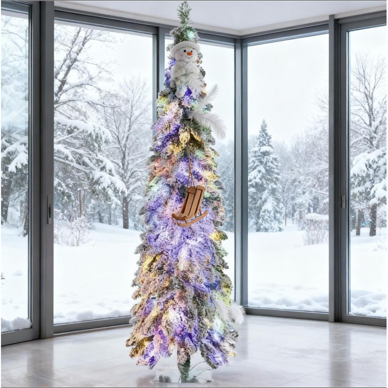 Arbres de Noël en forme de Downswept, arbres de Noël artificiels minces, avec branches givrées, lumières blanc chaud ou DEL colorées