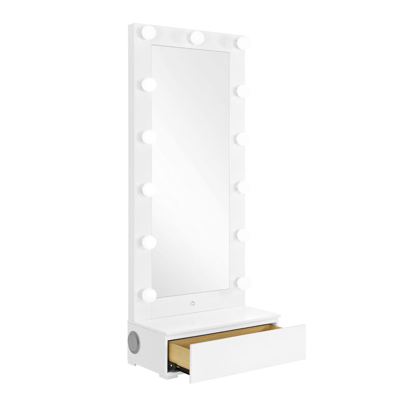 Grand miroir blanc étroit avec haut-parleur et tiroir, Blanc