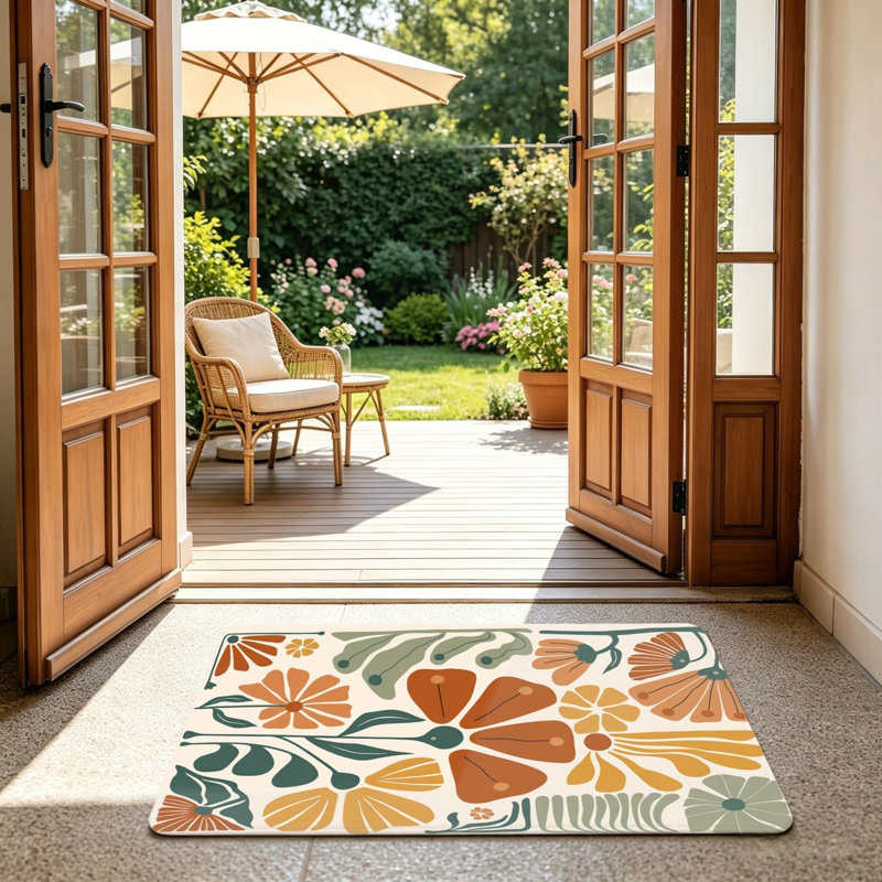 Tapis de sol abstrait orange et vert floral 24 x 36 po pour l'extérieur et l'intérieur