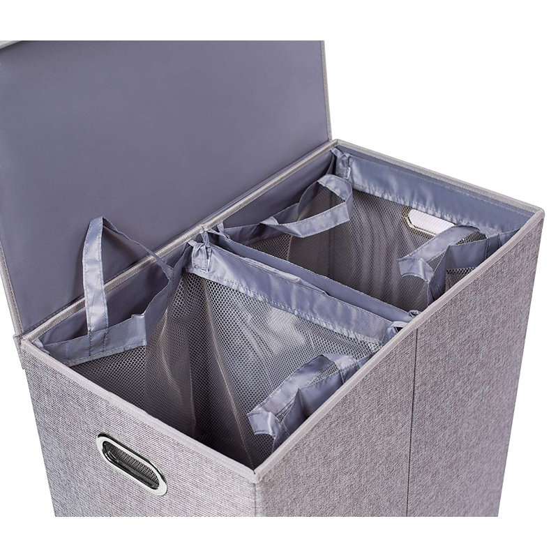 Double Gray Polyester Linen Collapsible Laundry Hamper with Lid