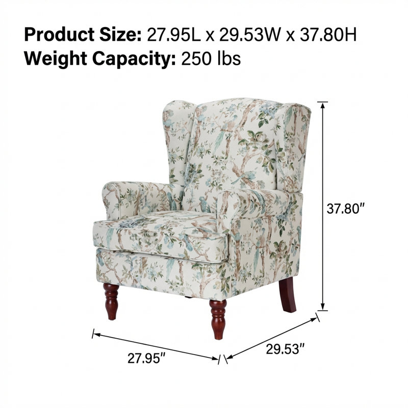 Fauteuil d'appoint moderne avec revêtement floral et pieds en bois rétro