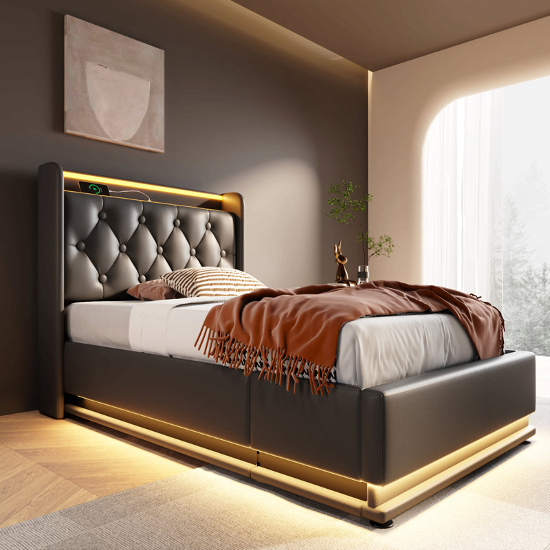 Lit tapissier, fonction DEL à 360 degrés, boutons / applications / télécommande, lit de rangement hydraulique avec chargement USB Type-C (sans matelas)