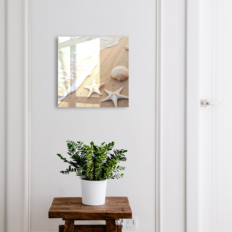 Key cabinet for home, Opens to the left, 30x30x5, Black, Beach with shells and sea waves, 