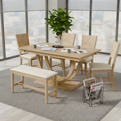 Ensemble de salle à manger 6 pièces avec table en bois massif, 4 chaises rembourrées et banc