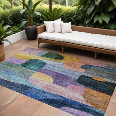 Tapis d'extérieur lavable abstrait mauve et vert 8 pi x 10 pi bleu