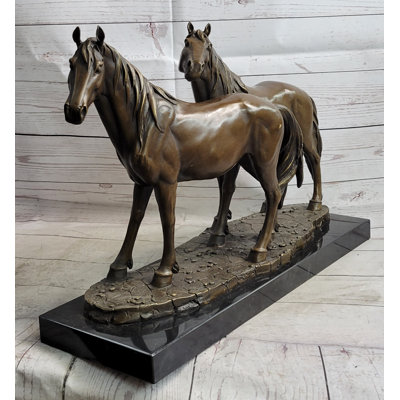 Tayvianna Two Horses Bronze Metal Statue Sculpture After Pj Mene On Marble Base