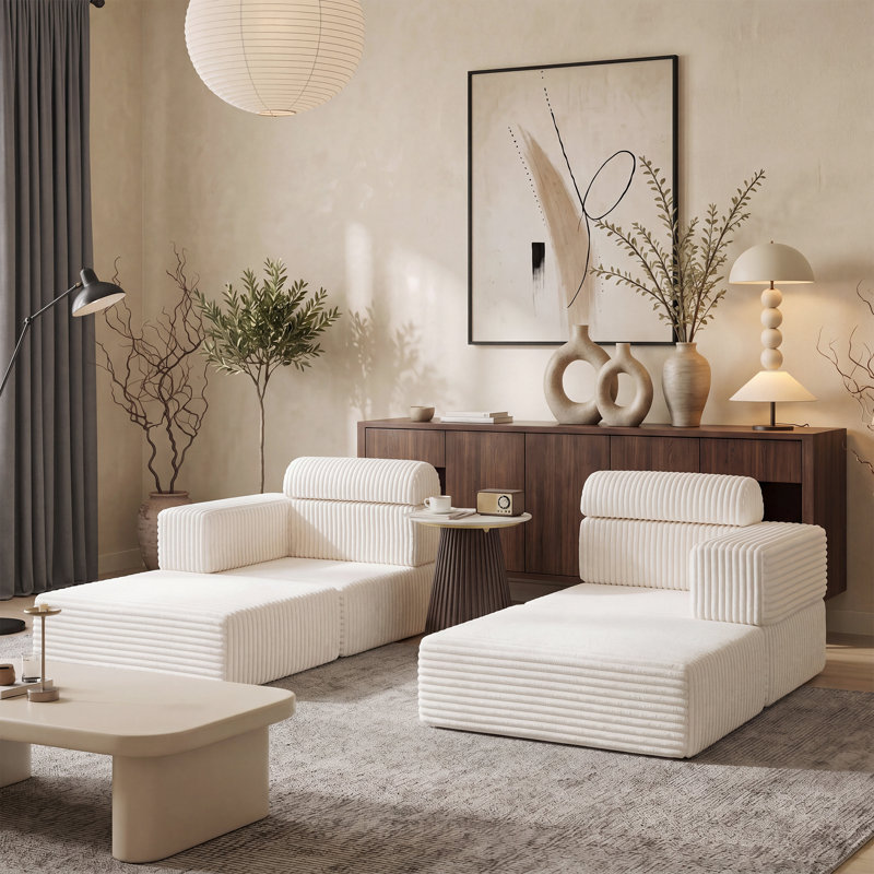 Canapé modulaire en velours côtelé de compression sans dossier 141,6 po Sisler, Beige Corduroy