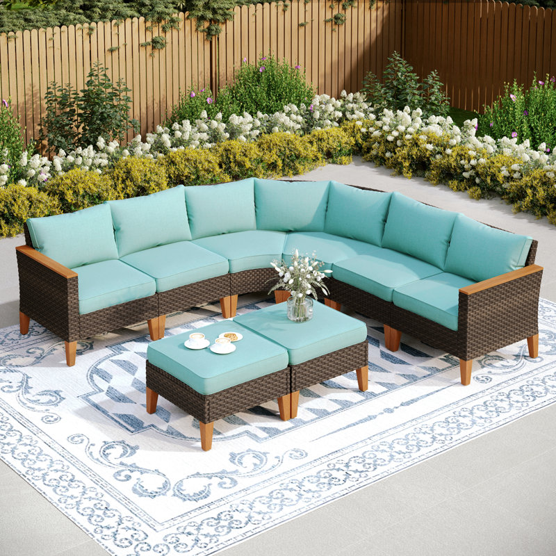 Ensemble de conversation modulaire d'extérieur en osier avec foyer Shutesbury, Bleu, Non