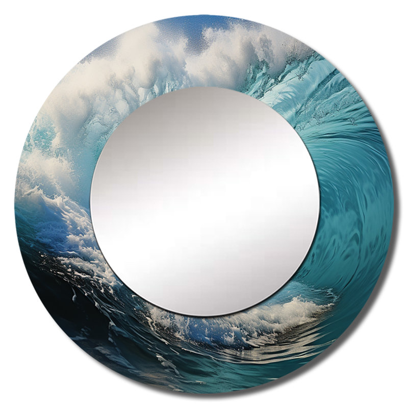 Ridit Ocean's Force Unleashed I - miroir décoratif bord de mer, miroir mural rond turquoise, impression sur métal