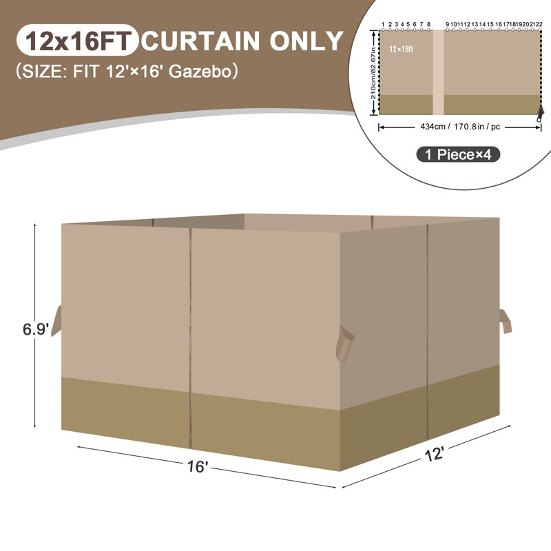 Aoodor Replacement 4-Panel Gazebo Sidewall Curtains, 82.7" H x 144" W x 192" D, Sand Yellow and Khaki