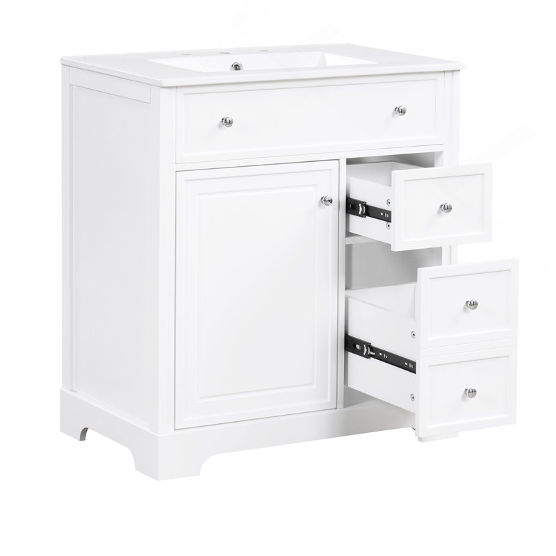 Meuble-lavabo 30 po avec comptoir, meuble-lavabo avec porte et deux tiroirs, panneaux de fibres à densité moyenne, bois massif, blanc