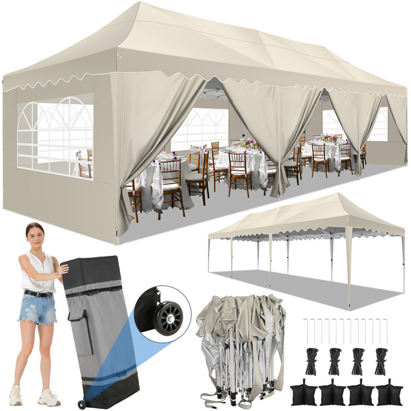 10x30 Pop Up Canopy Tent with 8 Sidewalls,Wave Eave Heavy Duty Canopy Tent , Khaki