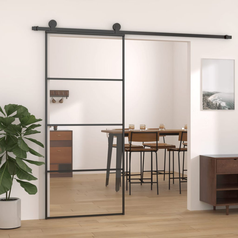 Muthiani Glass Sliding Door, 205cm H x 76cm W x 4 cm D, Black