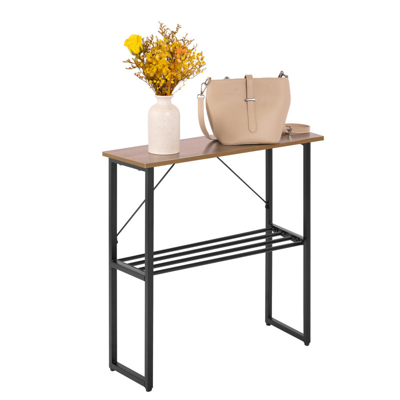 Mekeia 24.5" Tall Narrow End Table with Shelf, Walnut Brown Top/Black Base