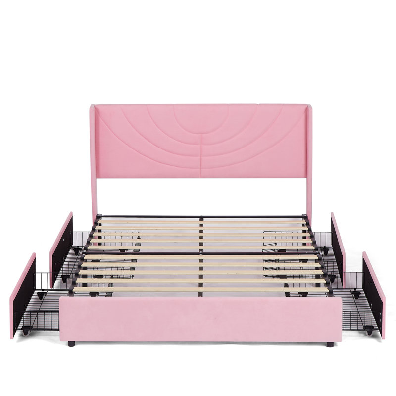 Auxter Queen Size Upholstered Bed Frame with 4 Storage Drawers and Storage Wingback Headboard, Velvet Queen Platform Storage Bedframe, Mattress Foundation with Wooden Slats Support, No Box Spring Needed, Pink