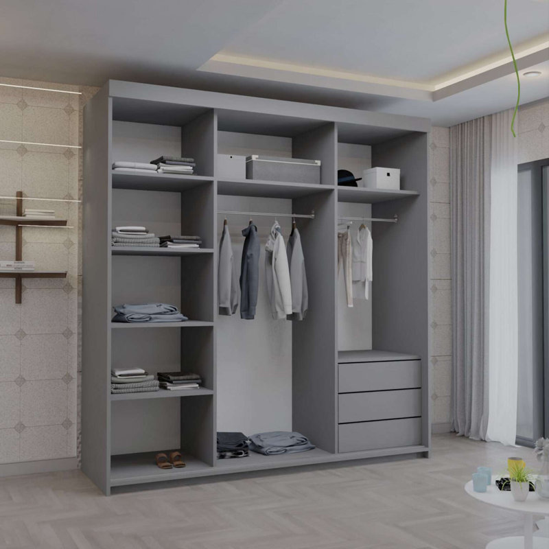 2 Door Laminate Wardrobe, Grey, 216cm H x 200cm W x 62cm D
