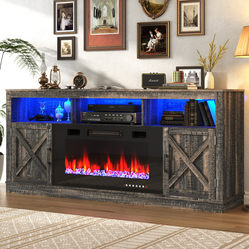 Zev Storage Credenza with Fireplace Included, 31.5" H x 70.8" W x 13.8" D, Walnut