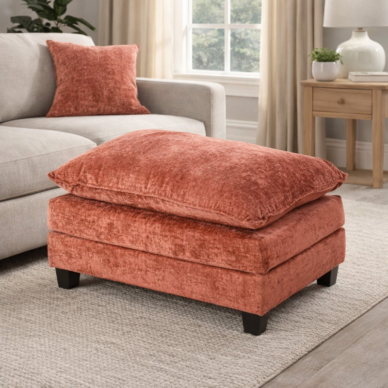 Repose-pieds rembourré en chenille avec coussin en mousse compressée Geneveve Chenille, Orange