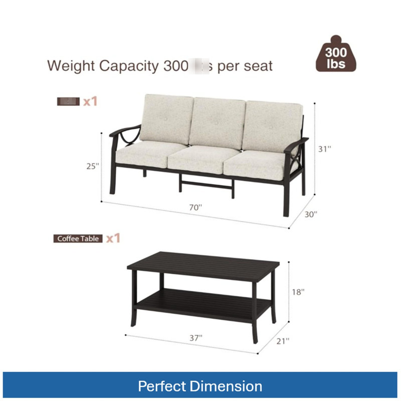 Table basse de patio en métal de 5 pouces avec 7 places assises, résistante aux intempéries, coussins beiges de 10 cm d'épaisseur, structure kaki, idéale pour les fêtes sur la terrasse ou au bord de la piscine. Convient également aux réceptions.