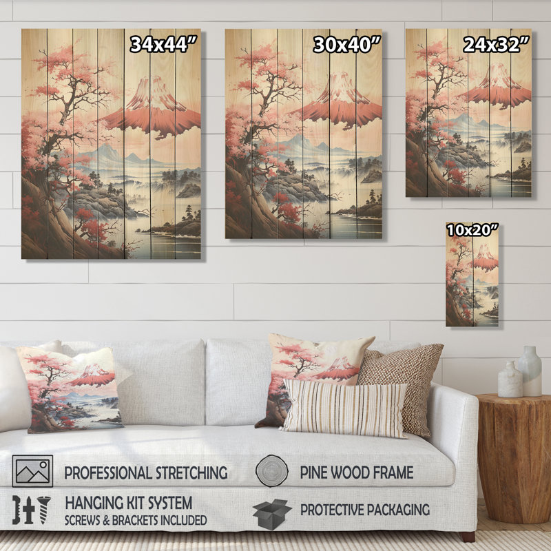 Fleurs de cerisier roses du printemps rose au Japon - impression sur bois, H 20 po x l 10 po