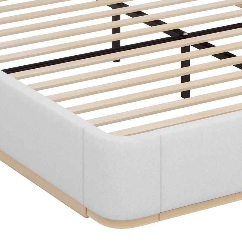 Grand lit plateforme tapissier avec tablettes latérales intégrées et coins arrondis doux et anti-collision, Gris