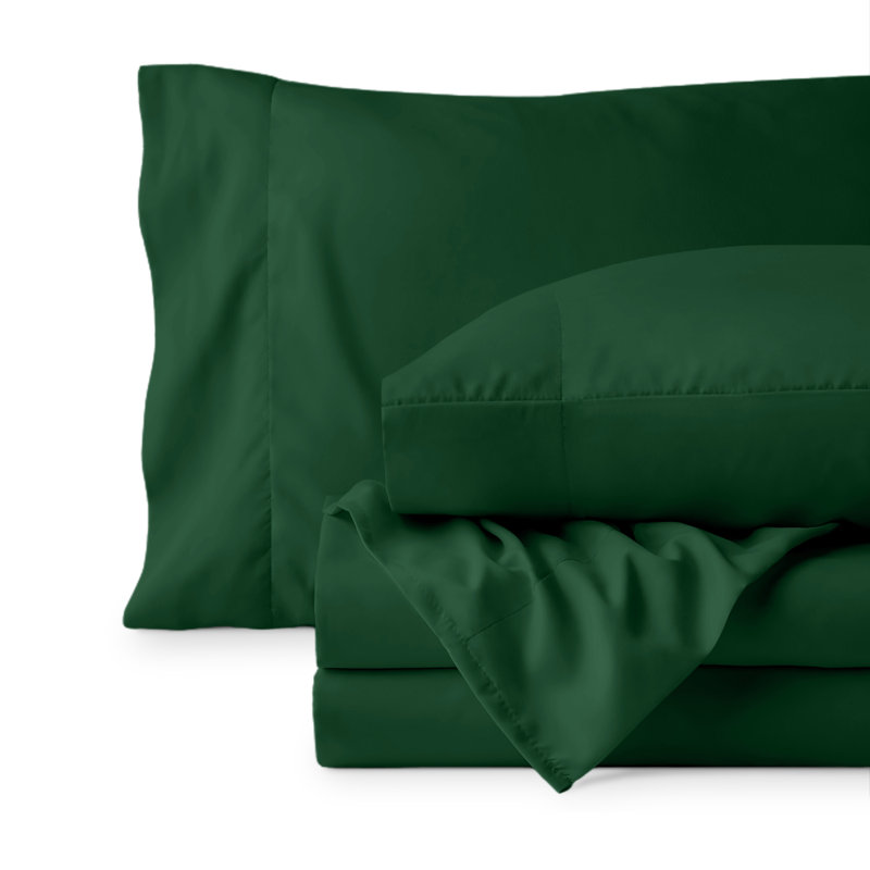 Ensemble de draps en micro-fibre, Ensemble de draps pour grand lit avec 2 taies d'or, Vert forêt