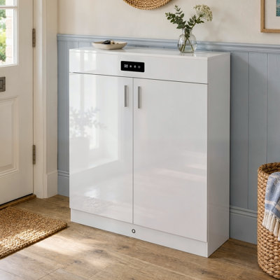 80cm White High Gloss Shoe Cabinet, Slim 30cm Deep, Motion Sensor LED and Deodoriser