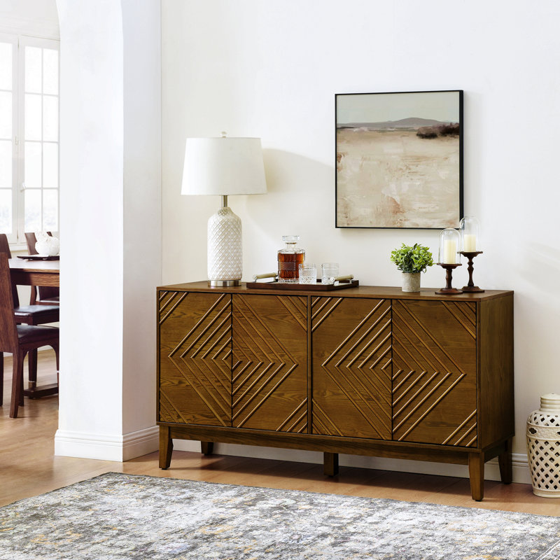 Buffet de 60,5 po avec rangement, buffet de style maison de campagne avec motif géométrique, meuble télé de style Mid-Century