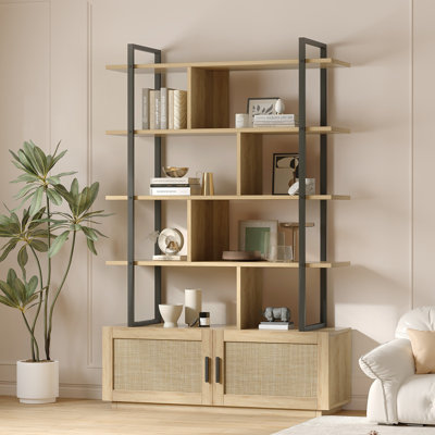 Bibliothèque industrielle 71 "en rotin 71" à 5 niveaux avec porte d'armoire, tablettes ouvertes, bibliothèque autoportante en bois et métal