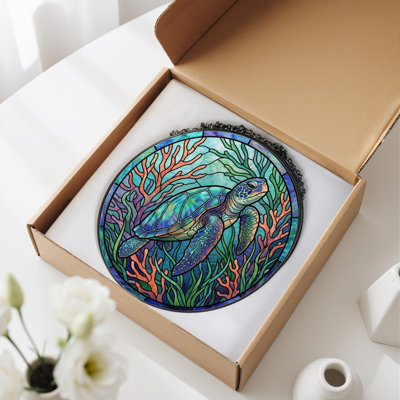 Sea Turtle Stained Glass Window Panel，12"H