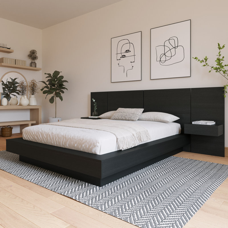 Ensemble de chambre à coucher 3 pièces avec lit et 2 tables de chevet flottantes Kaenen, Roi, Noir