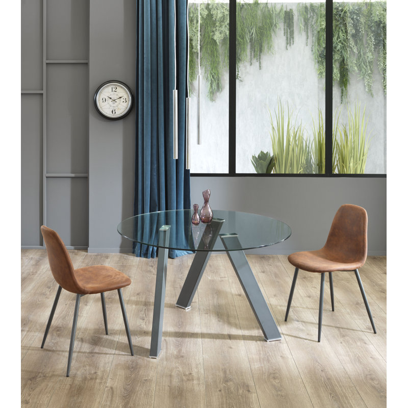 Tristani Round Glass Top Metal Base Dining Table, Grey Anthracite
