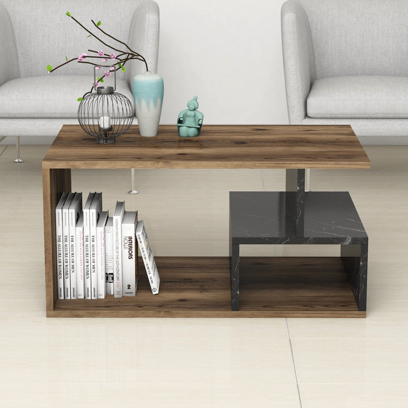 Table basse moderne avec nombreuses tablettes, finition noyer foncé et marbre, 35,4 x 21,3 x 21,3 pouces | Panneau de particules revêtu de mélamine à 100%, conception murale | Élégant et fonctionnel pour la décoration de salon