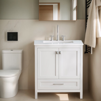 Meuble-lavabo autoportant de 30 po avec comptoir en marbre de Carrare, lavabo en céramique et rangement à fermeture en douceur