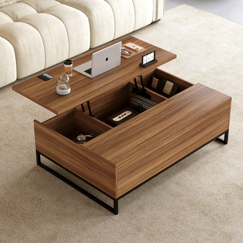 Table basse à plateau relevable de 43,3 po avec rangement caché, table basse en bois de noyer avec cadre en métal noir pour le salon