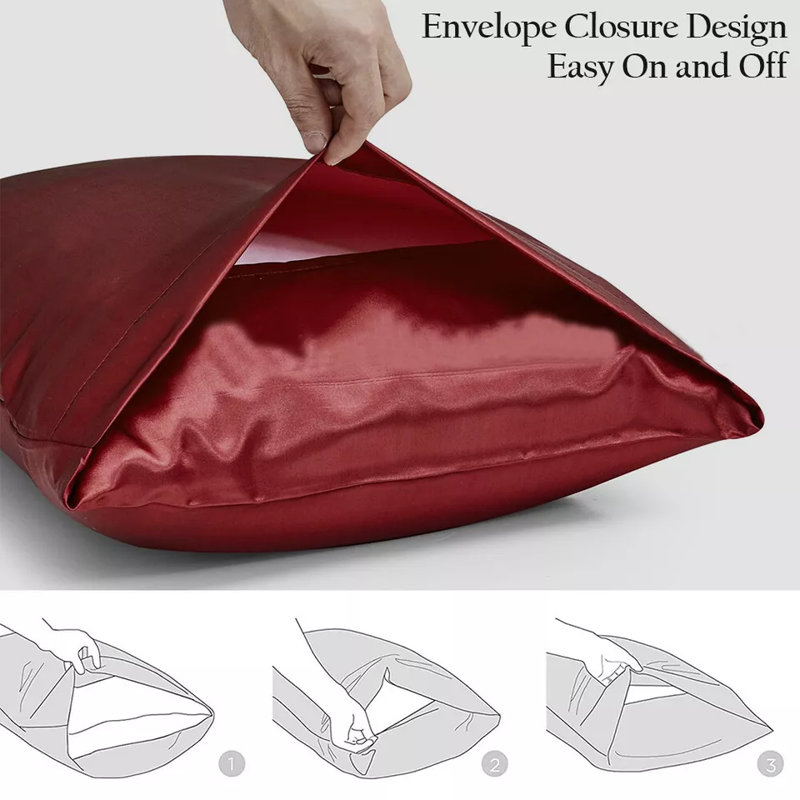 2 Pack Luxury Satin Silk Pillowcase Silk Cover Standard Queen King Pillow Cover, 20”×30” Black, Wine Red